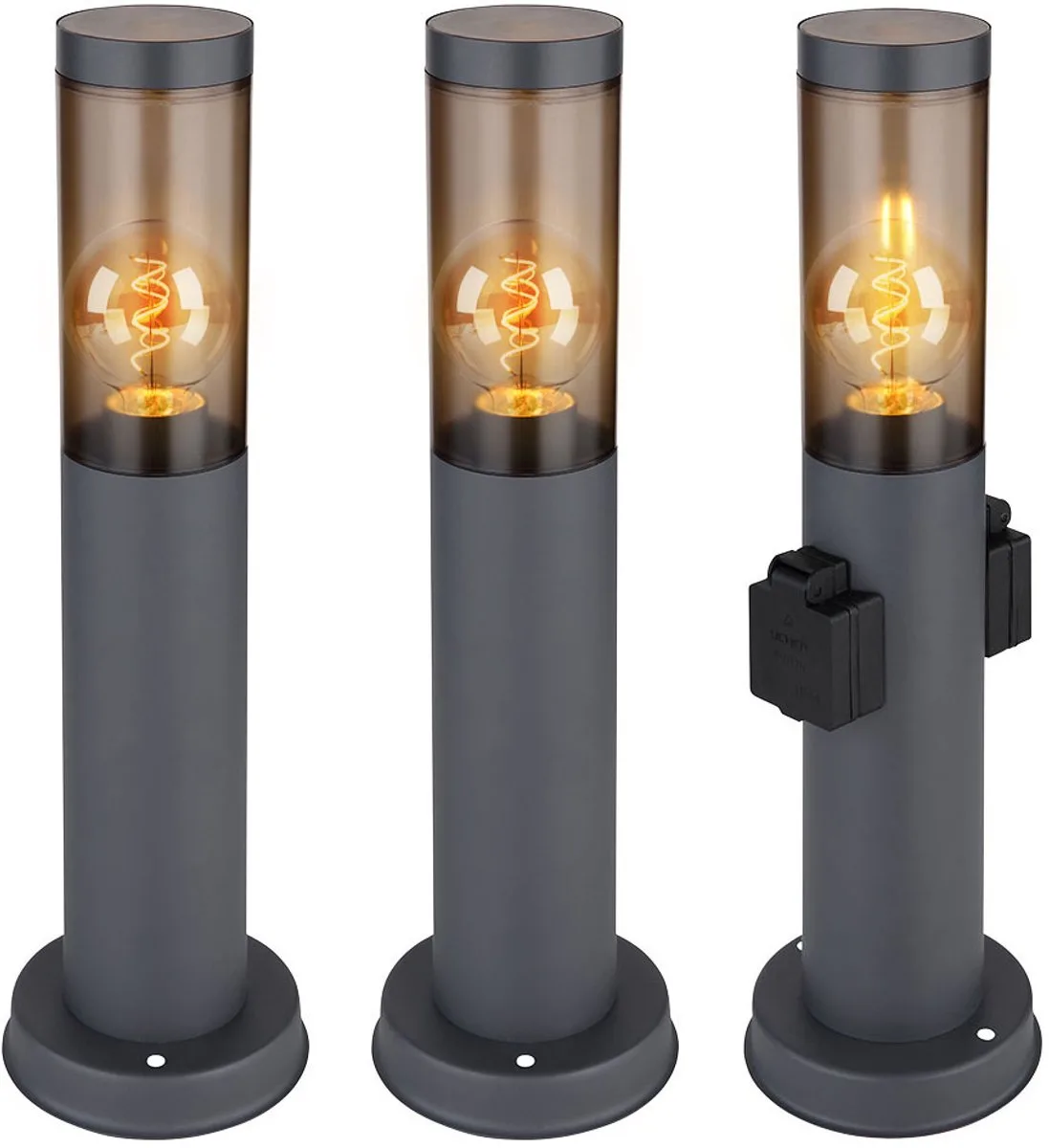 Vloerlamp met wandcontactdoos Roestvaststalen wandcontactdooszuil met verlichting, smoke, 1x E27 fitting, DxH 7,6x45 cm, set van 3 fra Globo i Antracit – produktbillede
