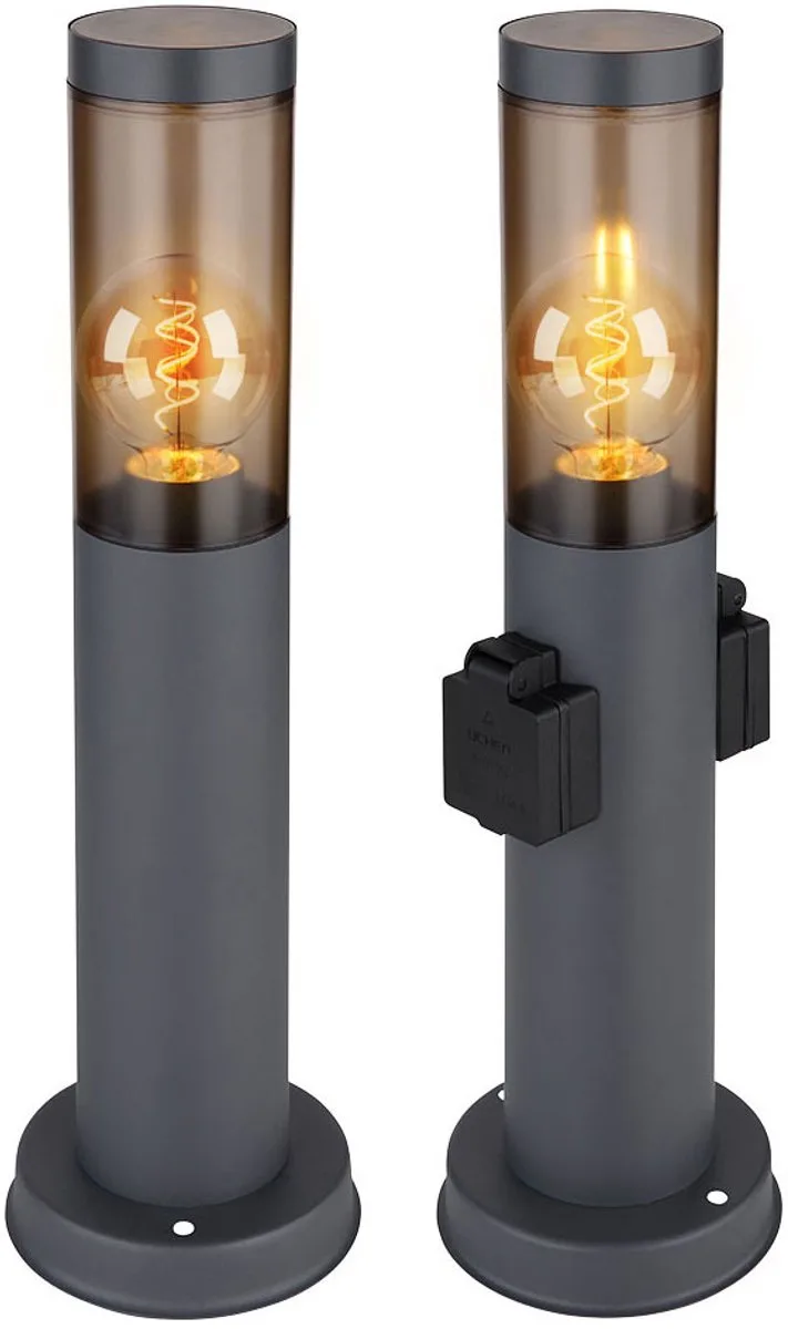 Vloerlamp met wandcontactdoos Roestvaststalen wandcontactdooszuil met verlichting, smoke, 1x E27 fitting, DxH 7,6x45 cm, set van 3 de Globo en Anthracite – photo produit