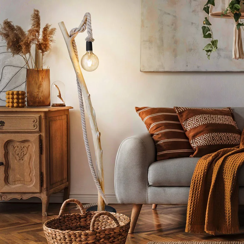 Vloerlamp Nerida, hout/hennep, hoogte 150 cm fra Globo i Lichtbruin – produktbillede