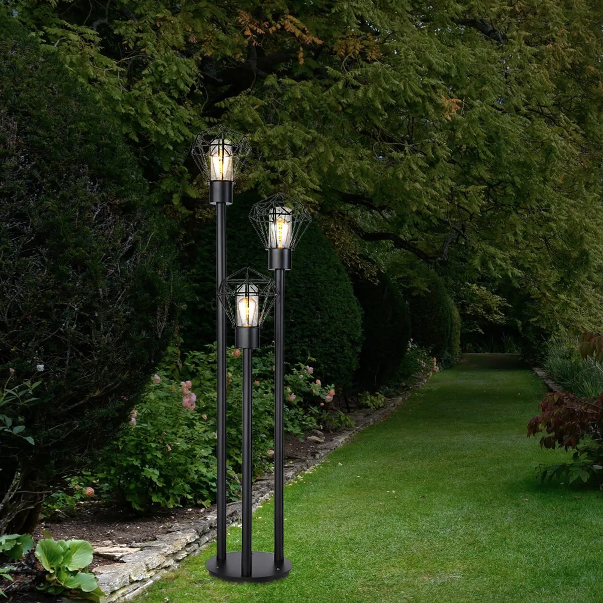 Vloerlamp Outdoor vloerlamp Padlamp Retro raster Vloerlamp 3 vlammen, roestvrij staal metaal doorzichtig plastic, 3x E27, LxH 44x2x170 cm de Globo en Noir – photo produit