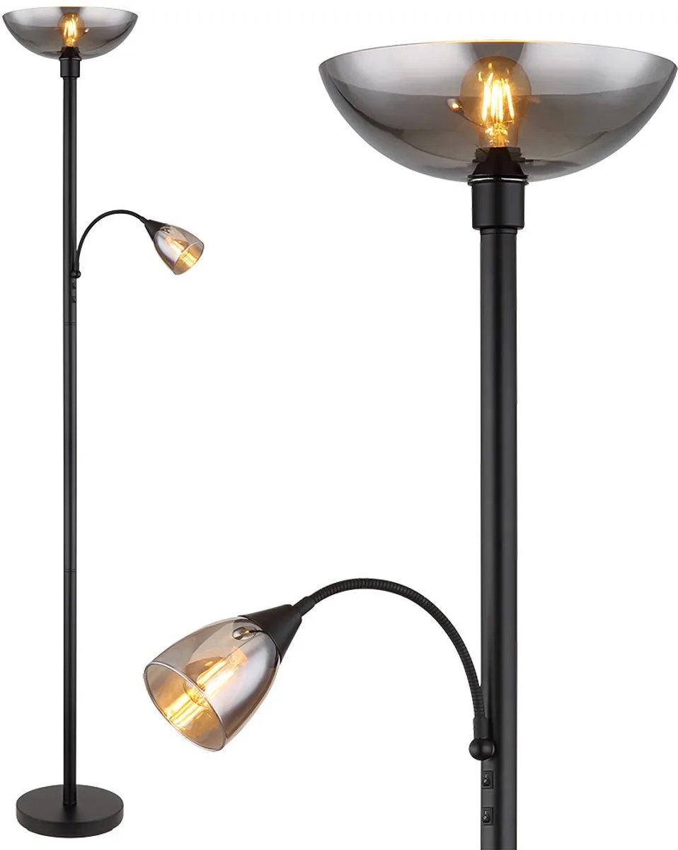 Vloerlamp Plafondschijnwerper Vloerlamp Leeslamp Slaapkamerlamp Woonkamerlamp, metaal glas smoke-kleurig, afzonderlijk schakelbaar Leesspot draaibaar, H 178 cm fra Globo i Sort – produktbillede