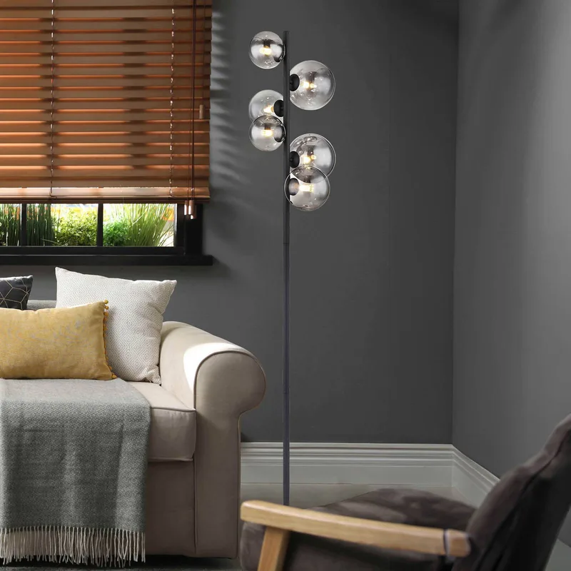 Vloerlamp Riha, hoogte 155 cm, zwart/rookkleurig, 6-lamps. de Globo en Matzwart, Rookgrijs-transparant – photo produit
