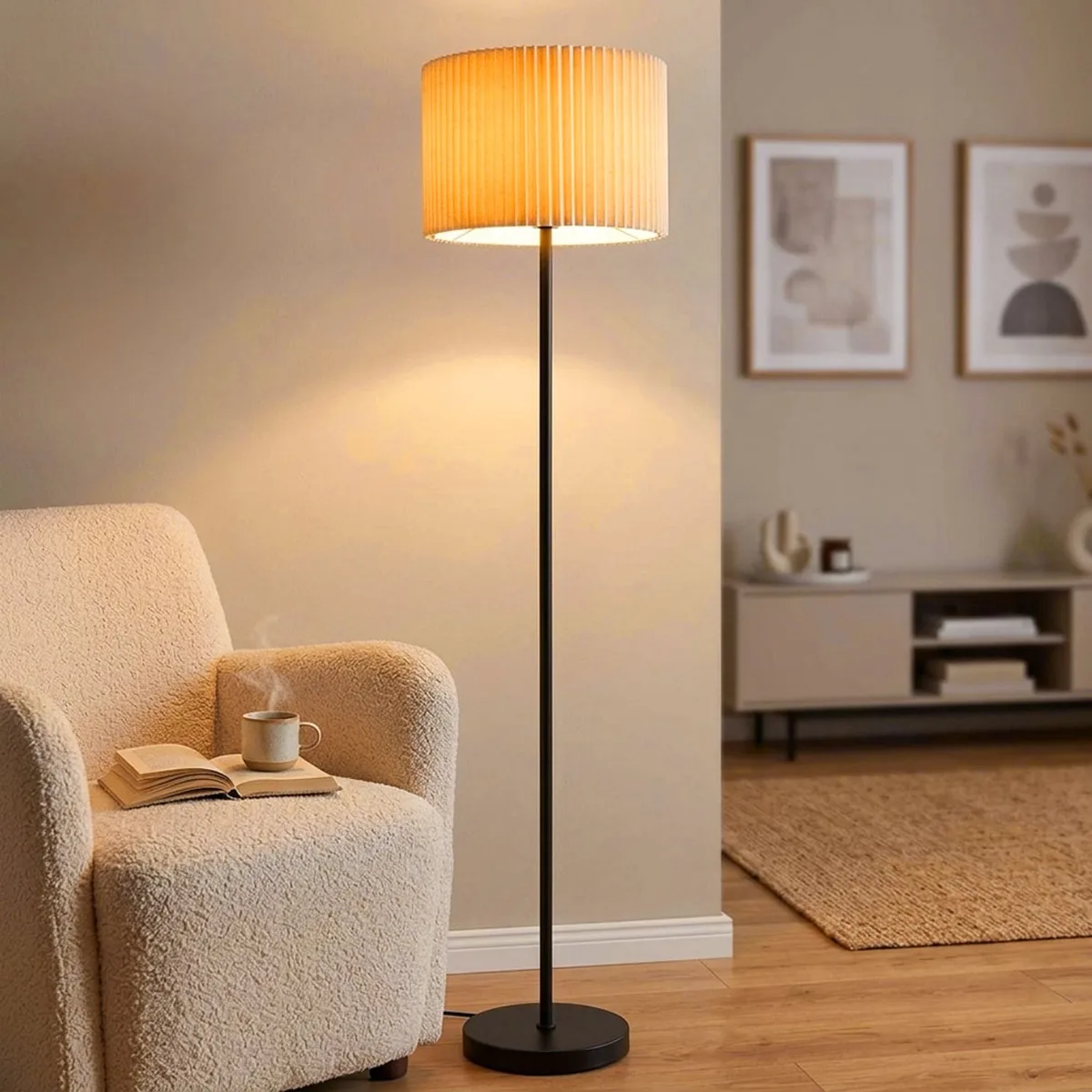 Vloerlamp textiel naturel Vloerlamp zwart Woonkamerlamp staand LED, metaal, 1x LED 9W 810Lm warm wit, DxH 38 x 152 cm van Globo in Beige – productfoto
