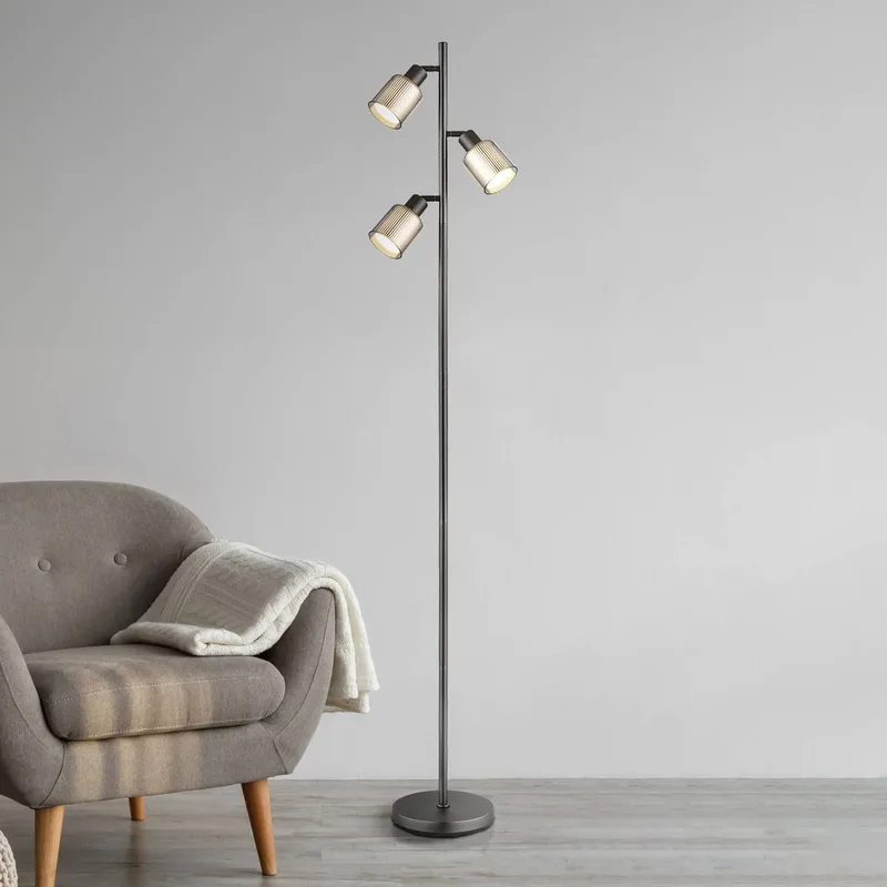 Vloerlamp Villegas, zwart/grijs, glas, 161 cm, 3-armig, E14 de Globo en Noir, Gris – photo produit