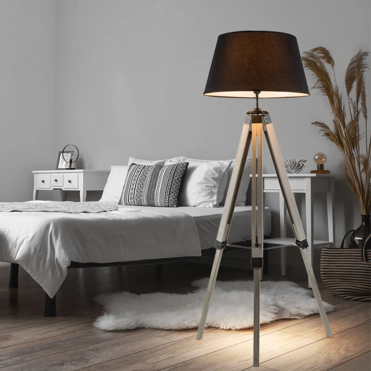 Vloerlamp woonkamer grijs vloerlamp metalen vloerlamp driepoot hout, textielen kap, 1x E27 fitting, DxH 65x145 cm von Globo in Schwarz – Produktfoto