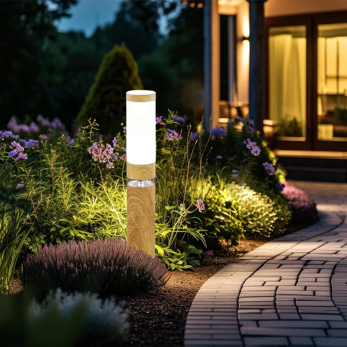 Voetstuklamp buiten rond voetstuklamp buiten roestvrij staal patio, houtlook met decoratieve LED, 1x E27, DxH 11,7 x 50 cm de Globo en Marron – photo produit