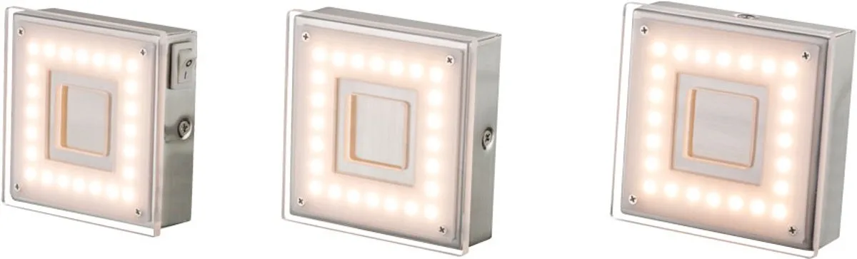 Wand opbouwlamp Binnen opbouwspot LED vlak hoekig Keuken LED onderkastlamp, met schakelaar, 1x 5 watt 360 lumen warm wit, LxH 9 x 3,1 cm, set van 3 van Globo in Zilver – productfoto
