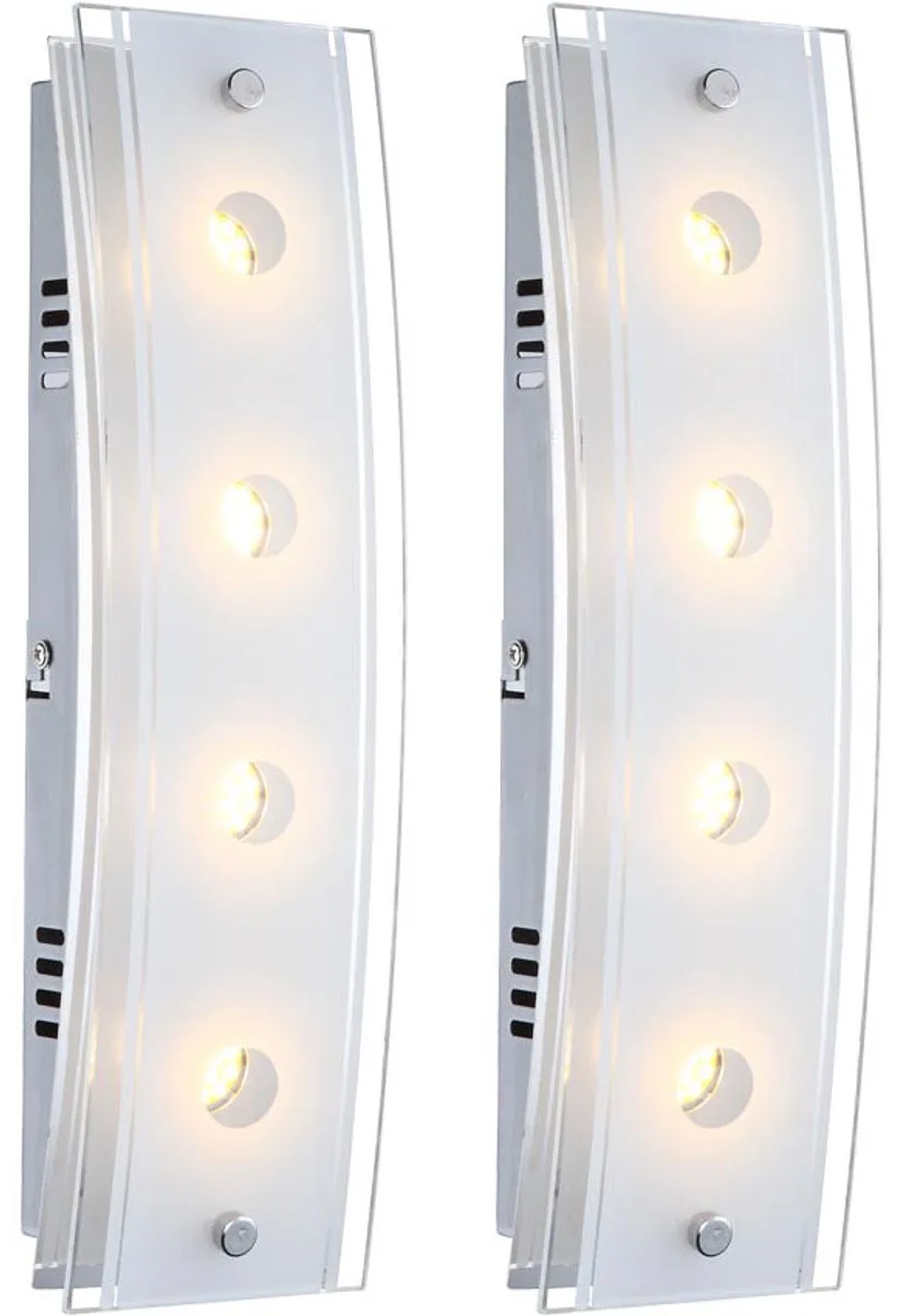 Wandlamp 4 vlammen wandlamp chroom woonkamerlamp halverlichting glas gedeeltelijk gesatineerd, schakelaar, 4x LED 5W 200Lm warm wit, LxBxH 33x9x6,5 cm, set van 2 von Globo in Silber – Produktfoto