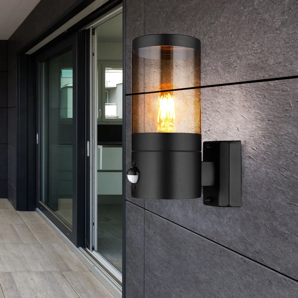Wandlamp buitenlamp met bewegingsmelder tuinlamp gevellamp, IP44, roestvrij staal, black smoke, 1x E27, HxBxD 24,5x10,2x17cm de Globo en Noir – photo produit