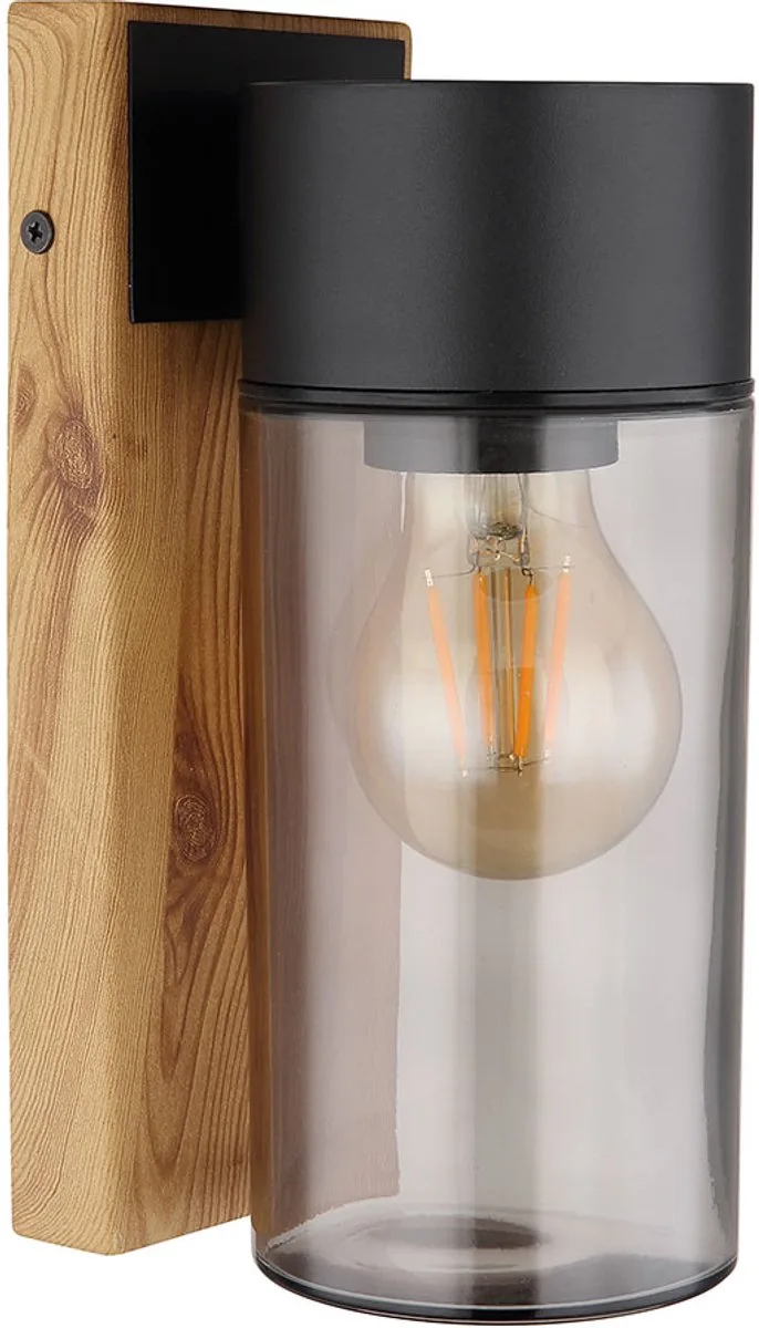Wandlamp Buitenlamp Terraslamp Moderne gevellamp houtlook, roestvrijstalen glas, zwarte rook, 1x E27, LxBxH 12,4x9x22,5 cm von Globo in Schwarz – Produktfoto