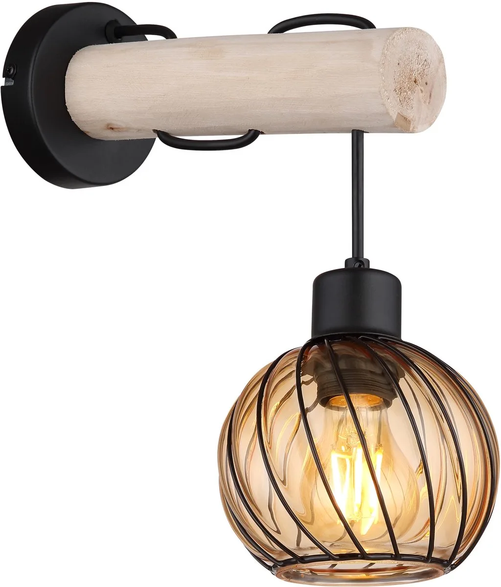 Wandlamp houten lamp glazen kap ronde wandlamp amber glas woonkamerlamp hout glas amber, metaal, E27 fitting, LxBxH 27x13x30 cm von Globo in Braun – Produktfoto