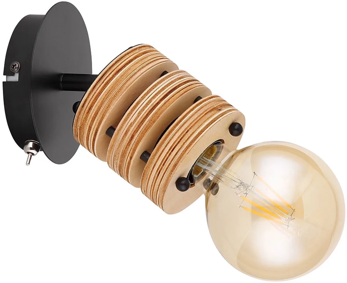 Wandlamp landelijke stijl MDF hout wandlamp houten lamp woonkamerlamp met beweegbare spot, metaal bruin, 1x E27, BxH 12x17,5 cm de Globo en Noir – photo produit