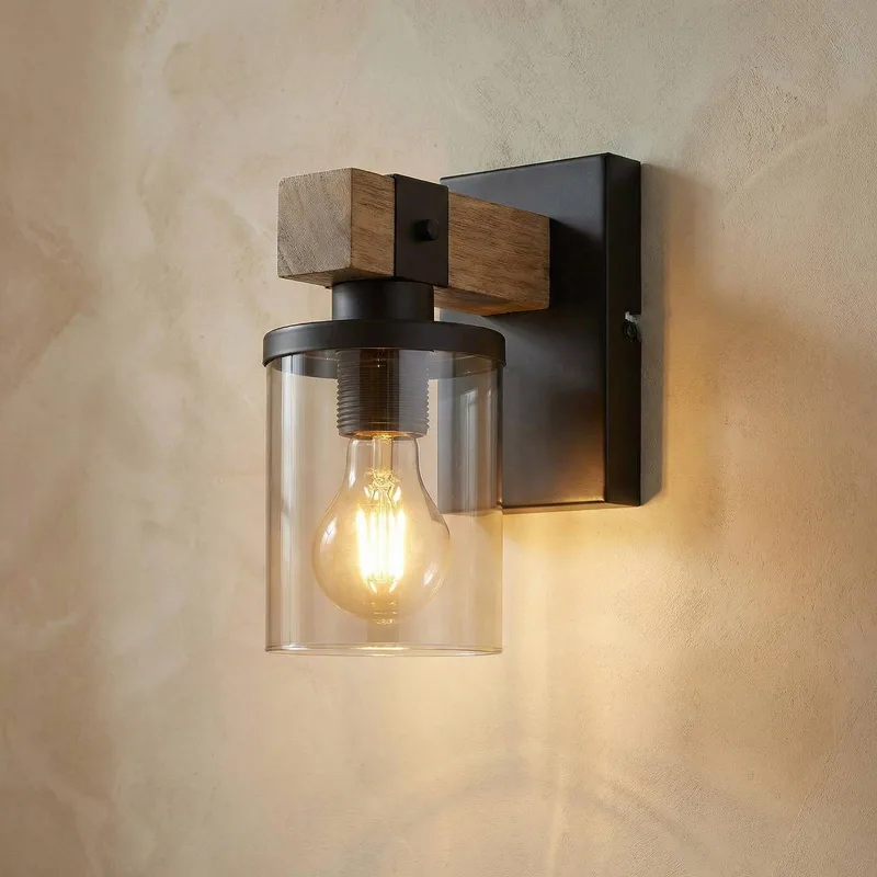 Wandlamp Lila met hout-dwarsarm en glazen kap by Globo in Donkerbruin, Rookgrijs getint, Black – product photo