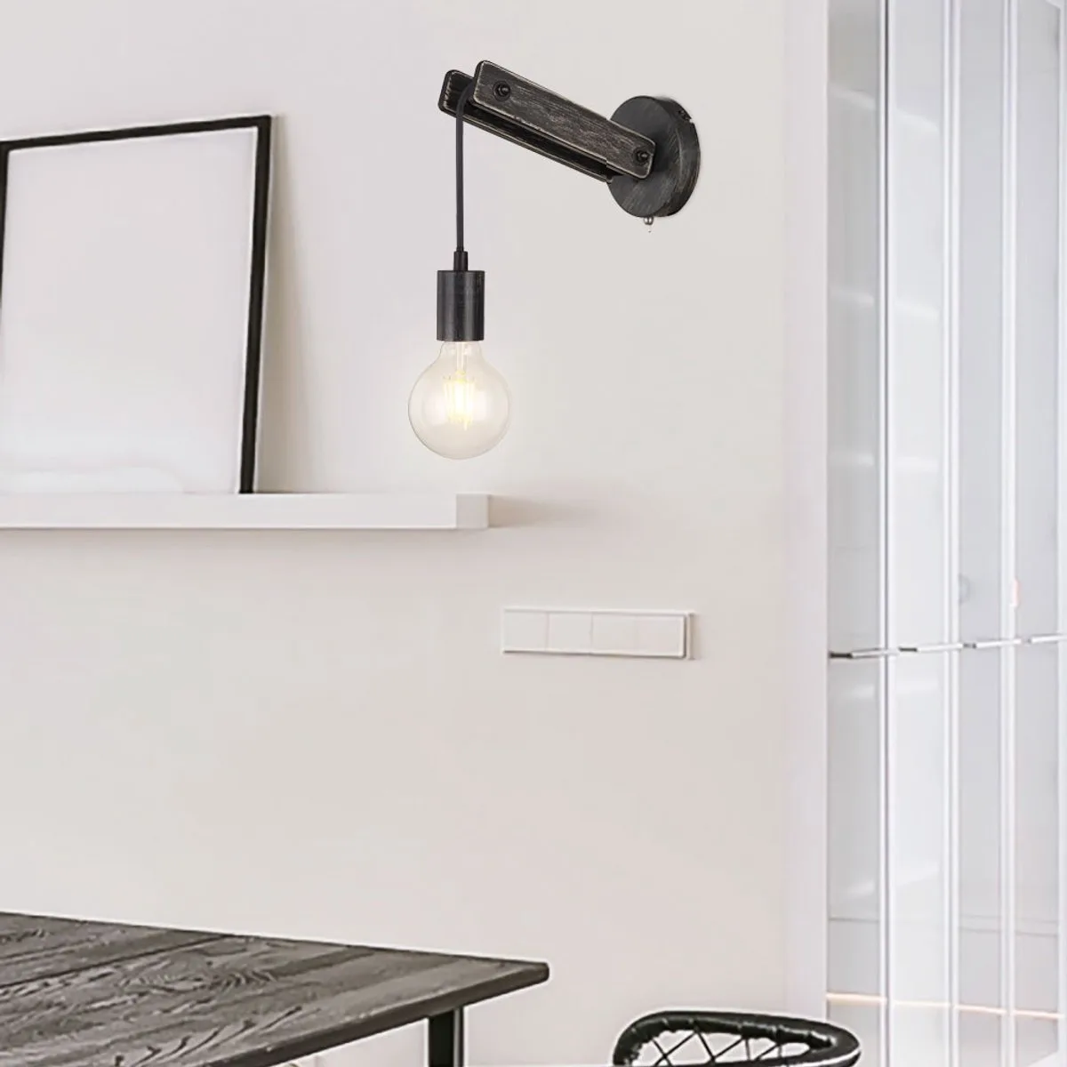 Wandlamp Vintage armatuur Industrieel Vintage wandlamp hout interieur, met tuimelschakelaar, 1x E27, LxBxH 23,5 x 12 x 19,5 cm de Globo en Noir – photo produit
