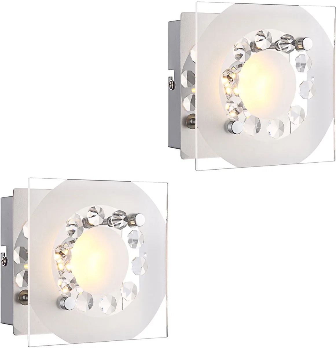 Wandlamp Wandlamp Slaapkamerlamp Woonkamer K5 kristallen, glas chroom, 1x LED 4W, HxLxB 9,5x12x12 cm, set van 2 van Globo in Zilver – productfoto