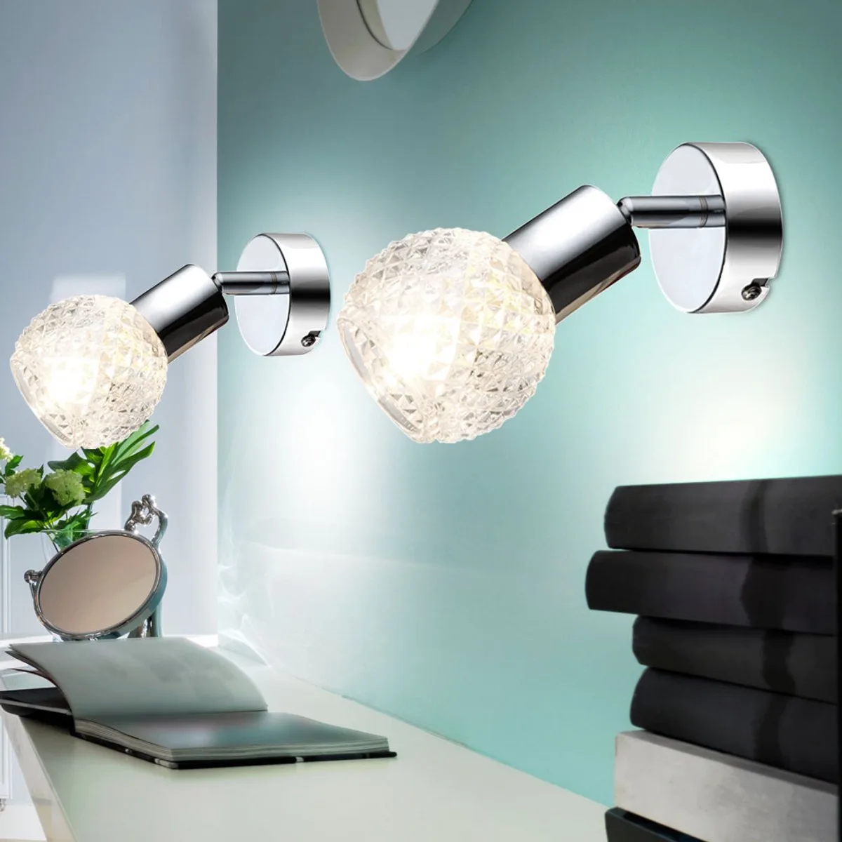 Wandlamp wandlamp spot spot wandspot hallamp, beweegbare spot, chroom glas wit, 1x E14 fitting, HxBxA 15,5x8x17cm, set van 2 de Globo en Argent – photo produit