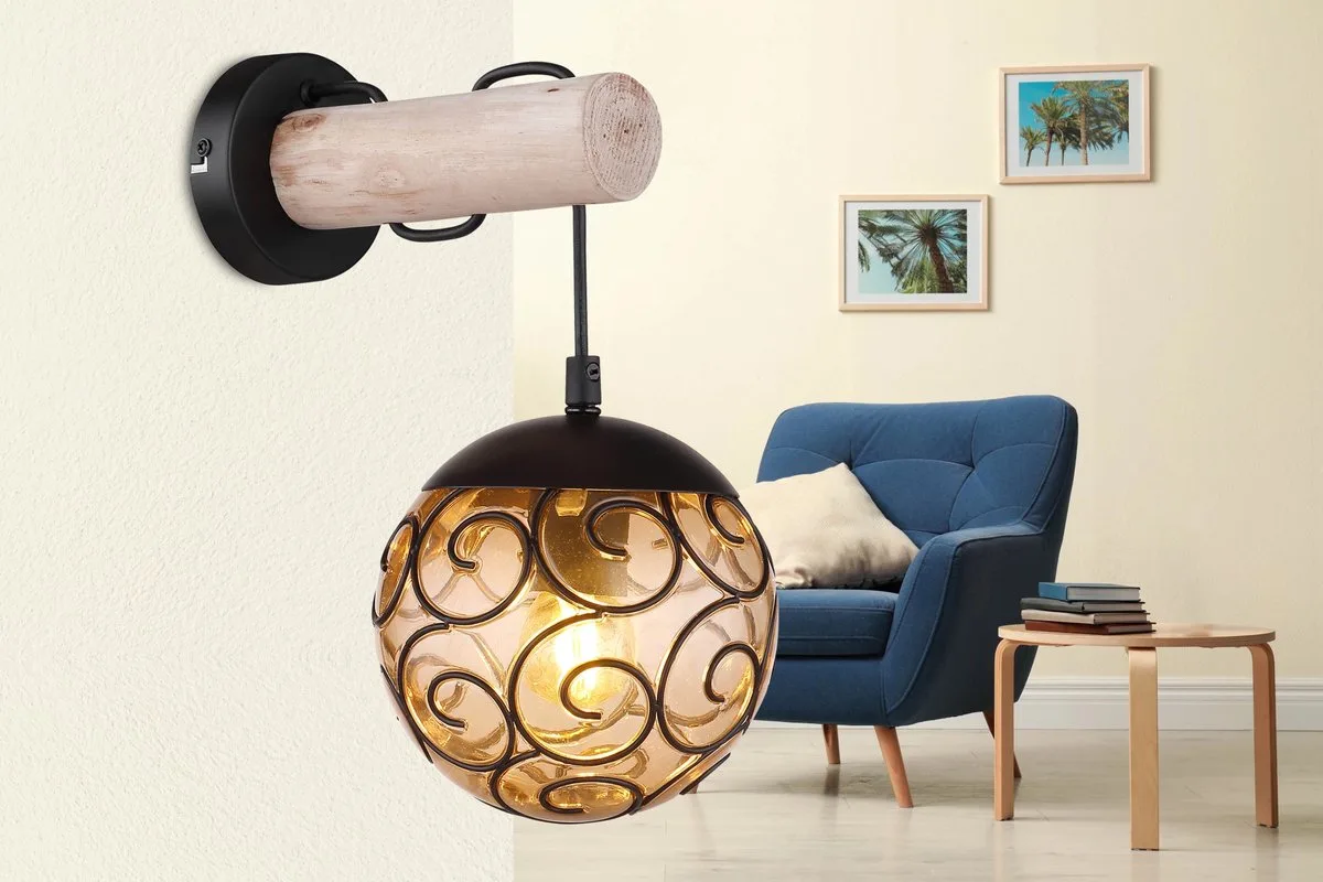 Wandlamp Wandlamp Vintage woonkamerlamp amber Ganglamp rond, metaal zwart hout kunststof, 1x E27, BxH 15 x 36 cm van Globo in Oranje – productfoto