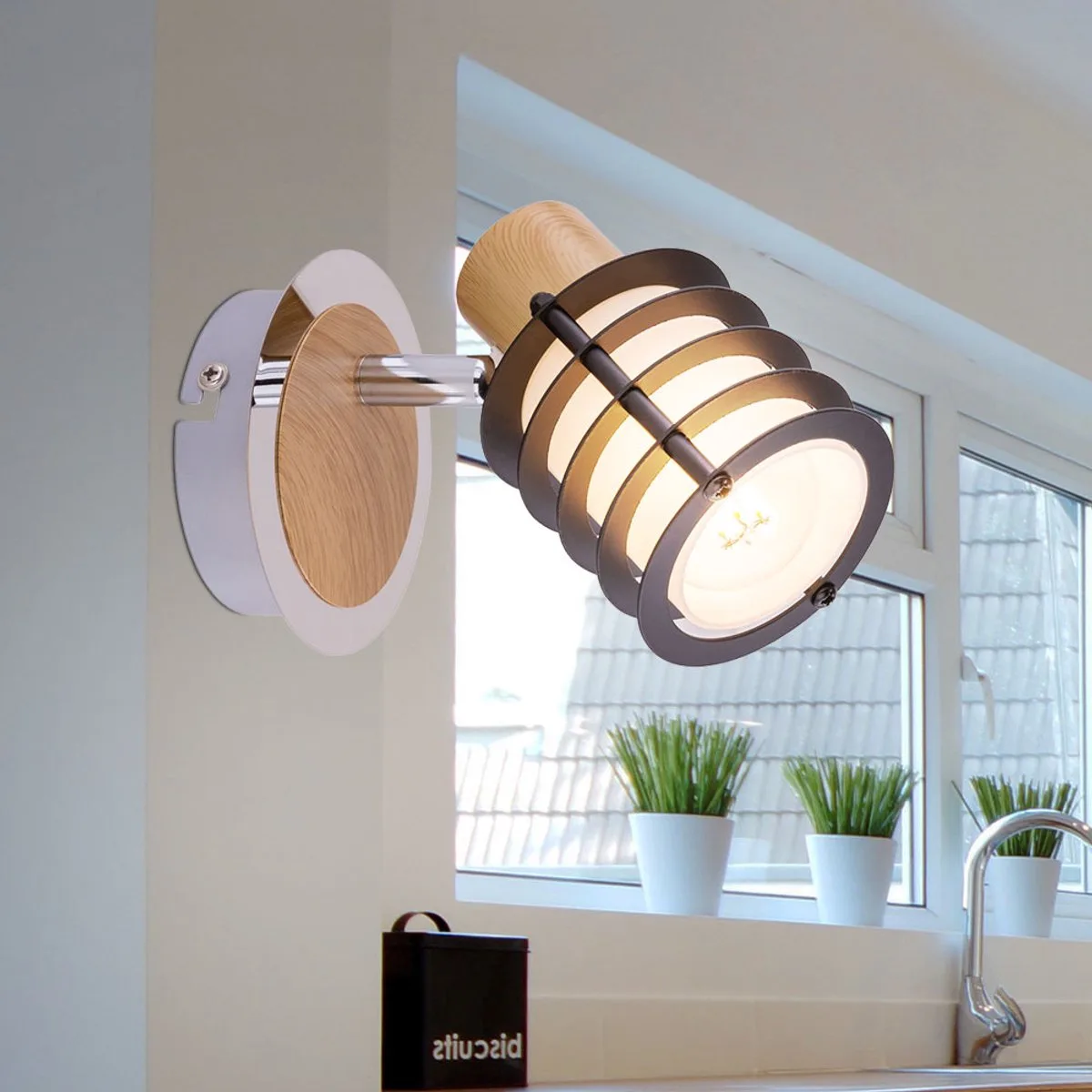 Wandlamp wandlamp wandspot houtlamp wandspot, spot beweegbaar, landhuis metaal hout glas gesatineerd, E14 fitting, LxBxH 14,7x10x12cm de Globo en Marron – photo produit