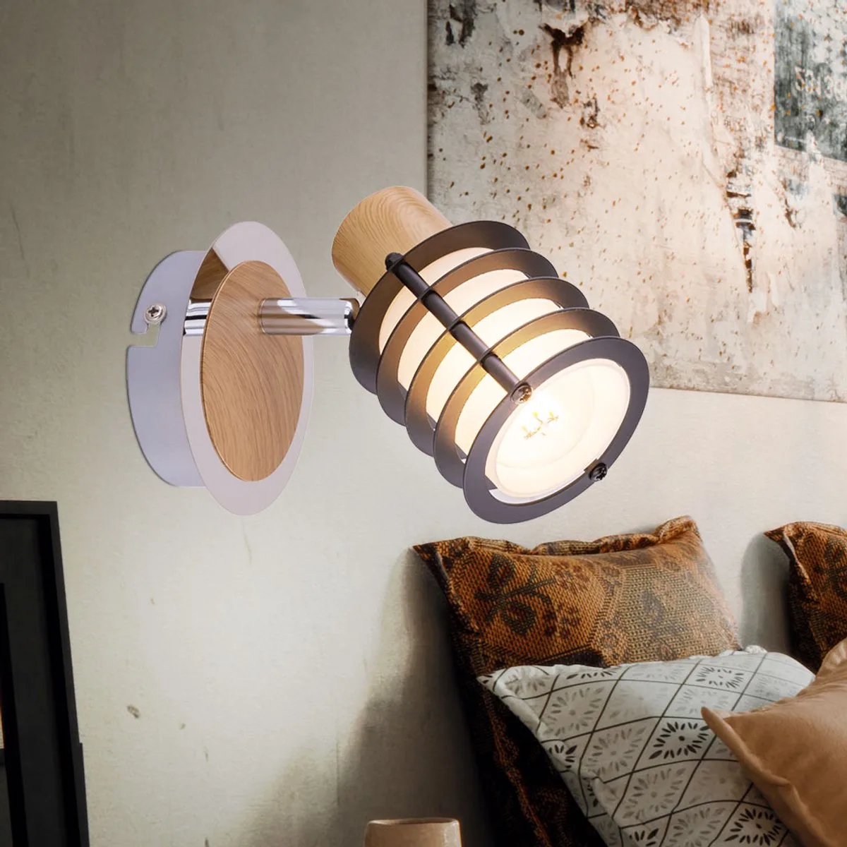 Wandlamp wandlamp wandspot houtlamp wandspot, spot beweegbaar, landhuis metaal hout glas gesatineerd, E14 fitting, LxBxH 14,7x10x12cm de Globo en Marron – photo produit
