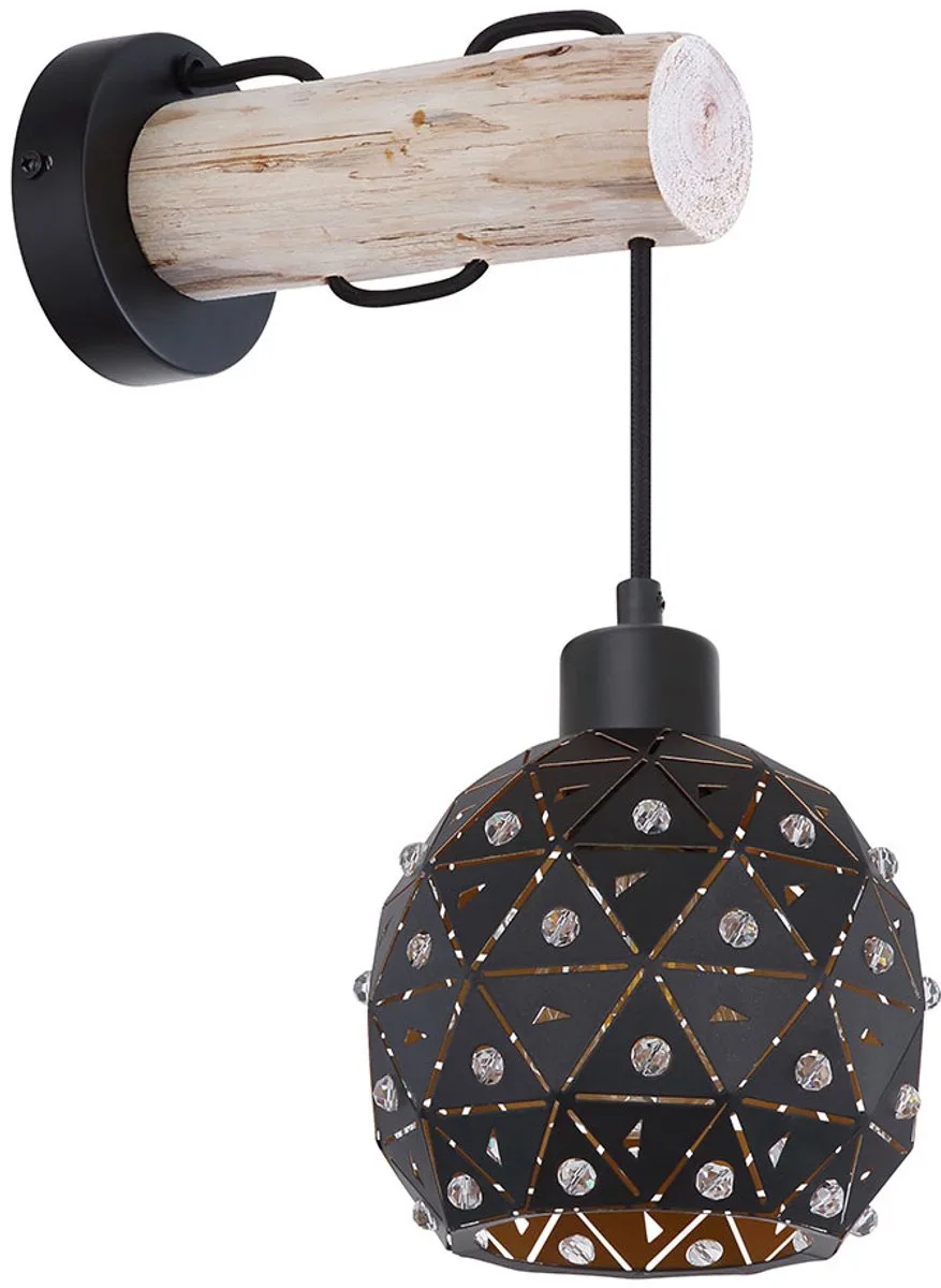 Wandlamp Wandlampen Woonkamerlamp hout met kristallen kap in bolvorm, kap ronde balk, 1x E27, x H x D 15x40x25 cm, woonkamer de Globo en Noir – photo produit