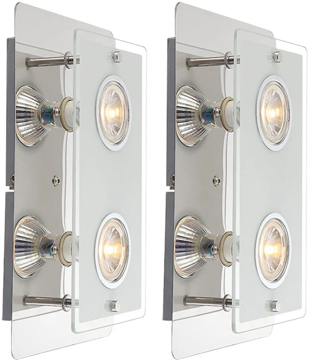 Wandlamp Woonkamerlamp Ganglamp Slaapkamerlamp, 2 vlammen, heldere glasplaat chroom opaal, LED 5W 400Lm warm wit, DxH 7,4x16cm, set van 2 by Globo in Silver – product photo
