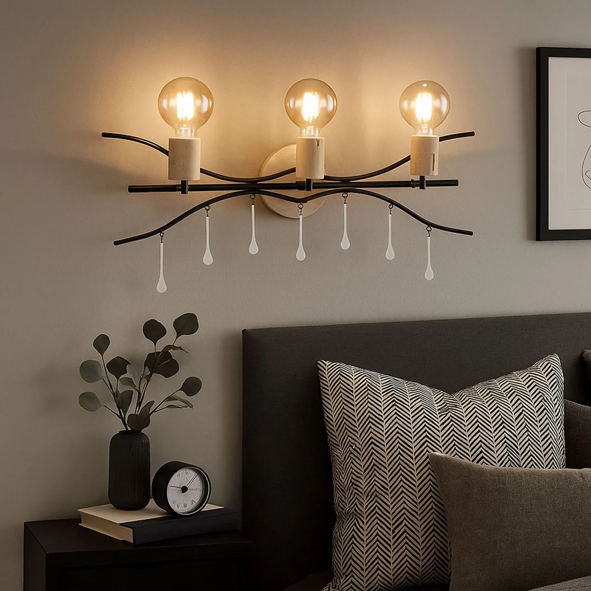 Wandlamp Woonkamerlamp Slaapkamerlamp Eetkamerlamp Ganglamp, metaal, hout gesatineerd glas zwart naturel, 3 vlammen E27, B 76 cm de Globo en Marron – photo produit
