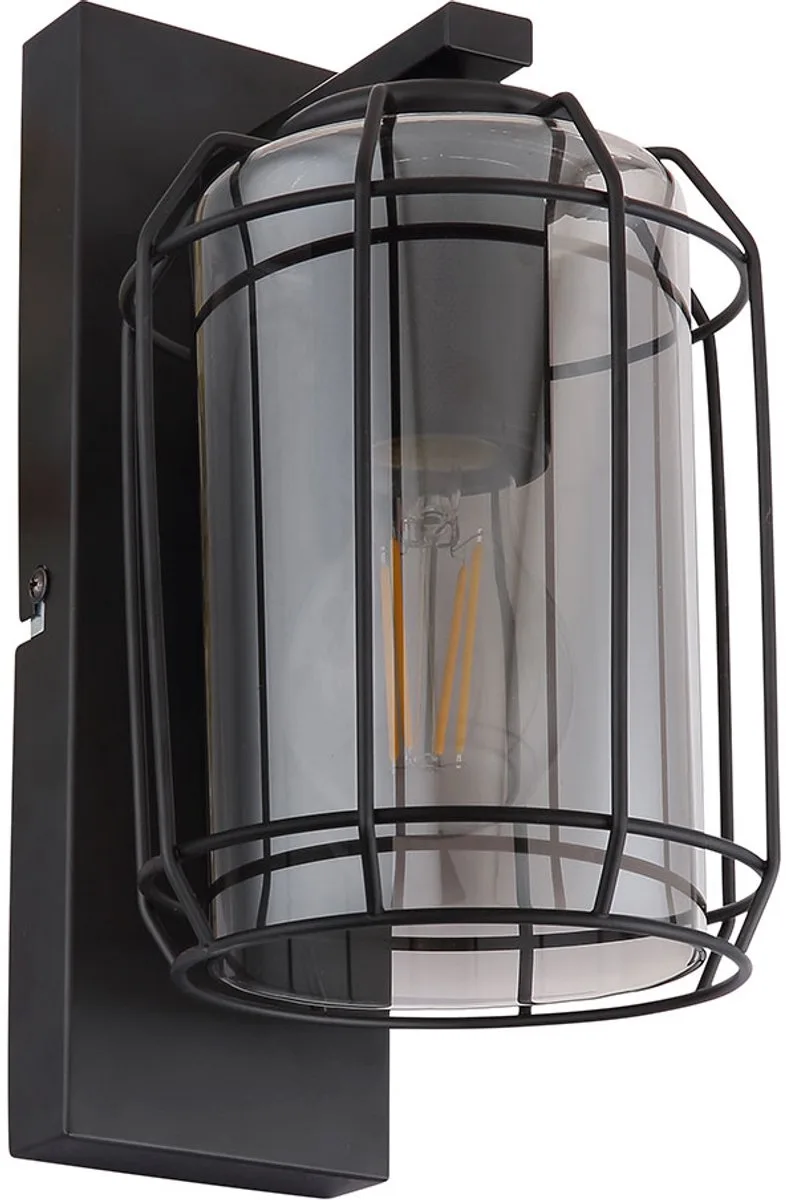 Wandlamp Woonkamerlamp Wandlamp Eetkamerlamp Industrieel rookglas, metalen zwarte rasterlook, E27 fitting, LxBxH16,5x13x25 cm de Globo en Gris – photo produit