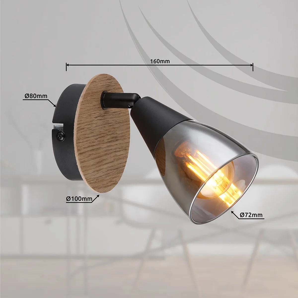 Wandlamp woonkamerlamp wandlamp hallamp eetkamerlamp, glas hout metaal rookkleurig bruin, E14, beweegbare spot, H 13 cm by Globo in Black – product photo