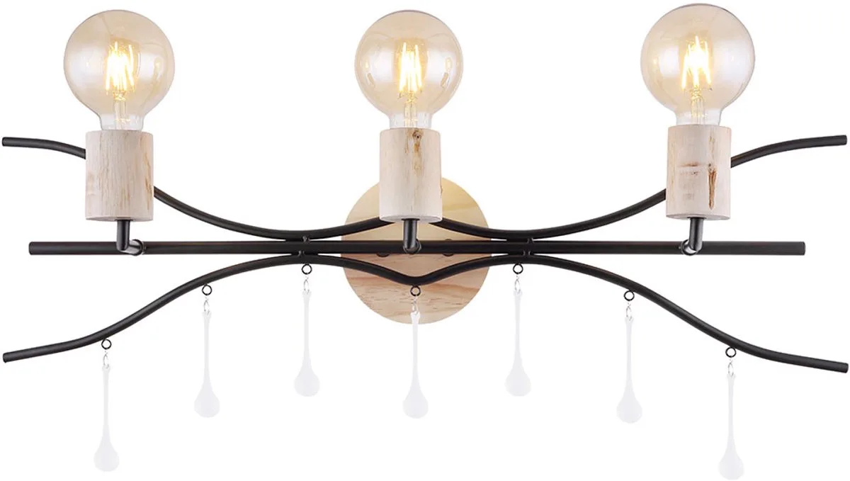 Wandlamp woonkamerlamp wandlamp slaapkamerlamp eetkamerlamp hallamp, metaal, hout gesatineerd glas zwart naturel, 3 vlammen E27, B 76 cm by Globo in Brown – product photo