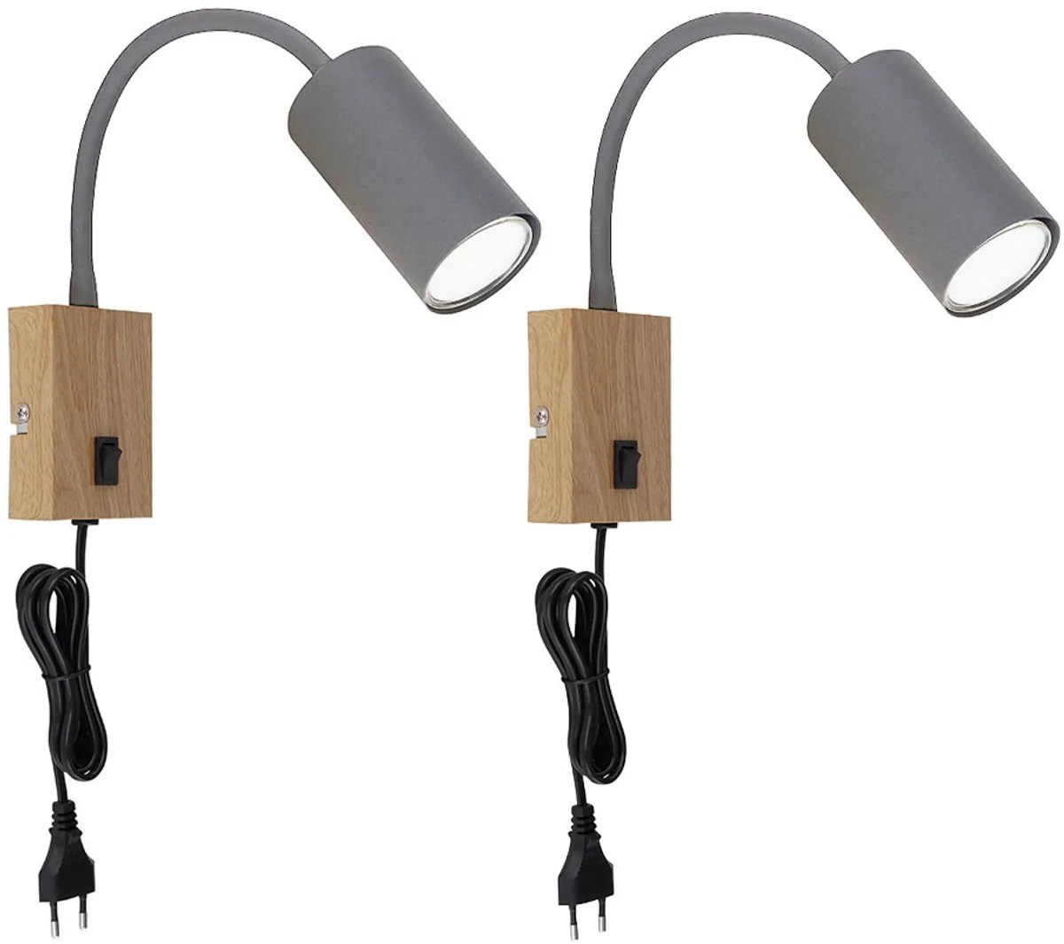 Wandleeslamp voor slaapkamer Leeslamp houtlook Wandlamp met stekker Wandlamp zwanenhals, schakelaar, zwart bruin, 1x GU10, LxBxH 32x7x44 cm, set van 2 van Globo in Grijs – productfoto