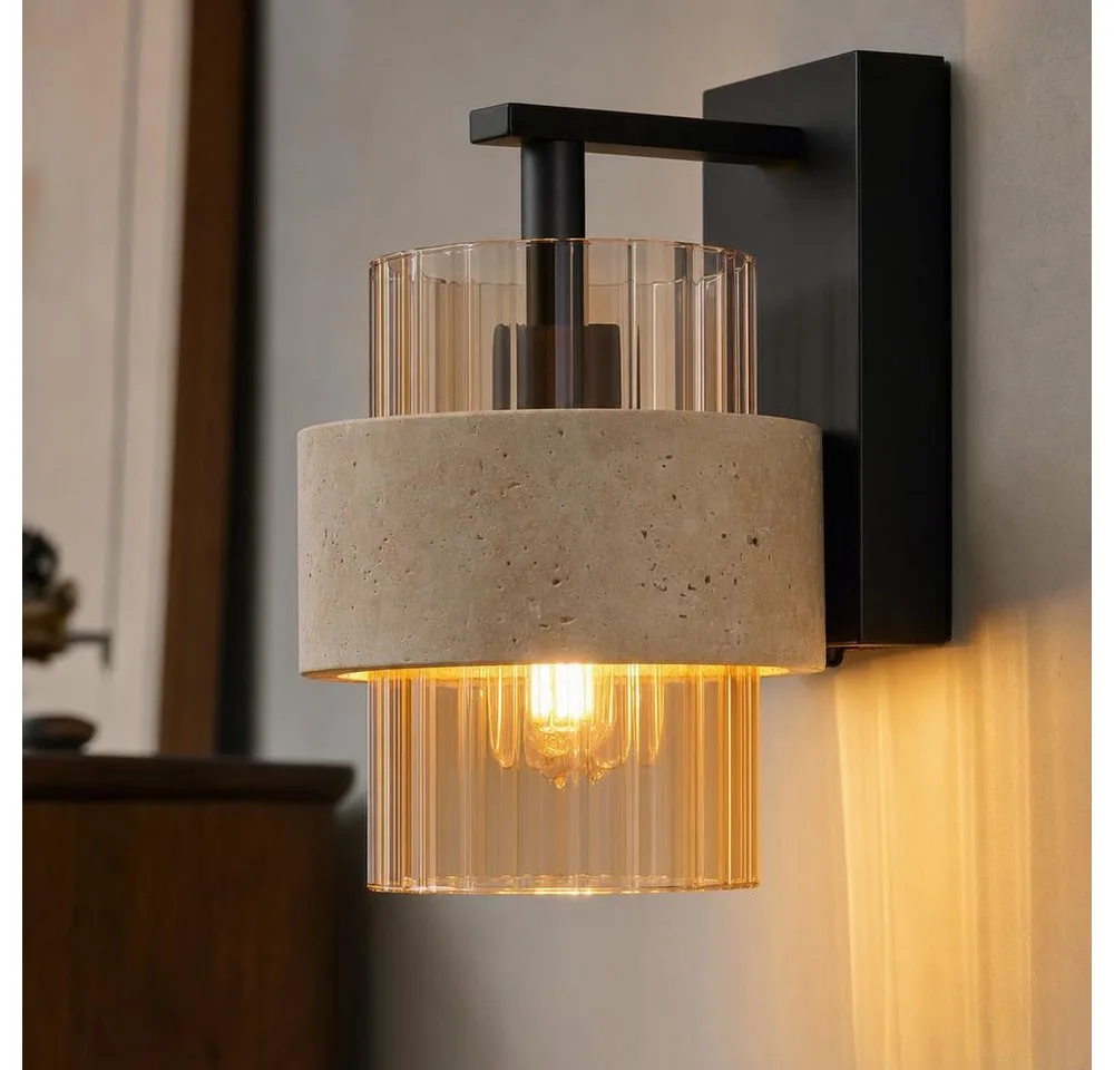 Wandleuchte, Leuchtmittel nicht inklusive, Wandleuchte, Travertine Stein, gemustertes, Glas, H 21 cm de Globo en Noir – photo produit