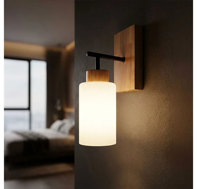 Wandleuchte, Leuchtmittel nicht inklusive, Wandleuchte Wandlampe Metall Eiche dunkel schwarz Glas opal H 31 cm fra Globo i Hvid – produktbillede