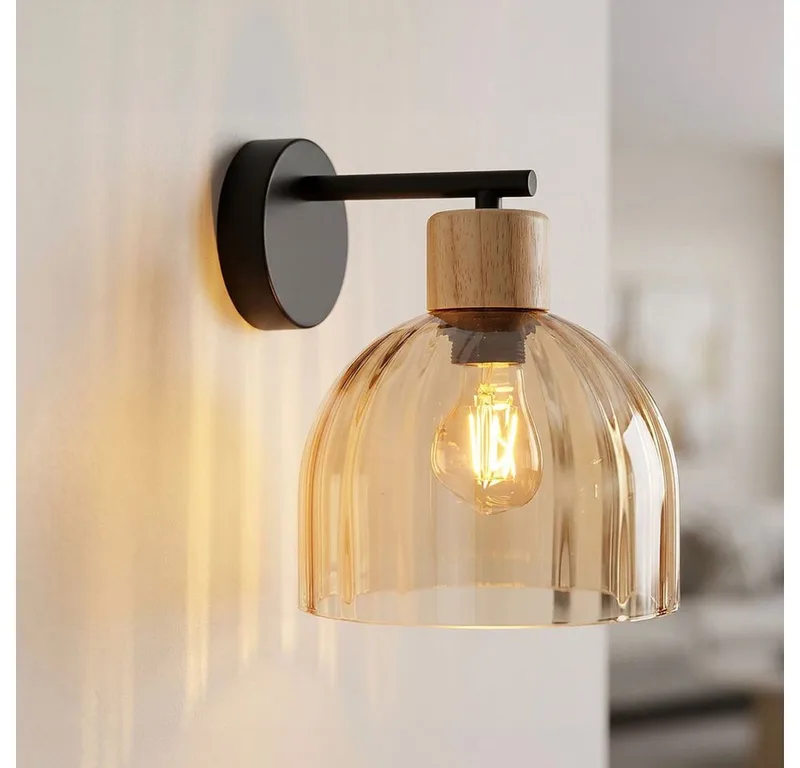 Wandleuchte, Leuchtmittel nicht inklusive, Wandleuchte Wandlampe Metall matt Glas amber Holz E27 H 24 cm de Globo en Noir – photo produit
