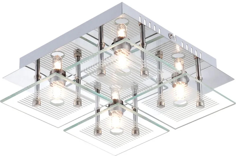 Woonkamerlamp plafondlamp eetkamerlamp, 4 vlammen, glas chroom wit helder gestreept, G9 fitting, LxBxH 21x21x7cm van Globo in Zilver – productfoto