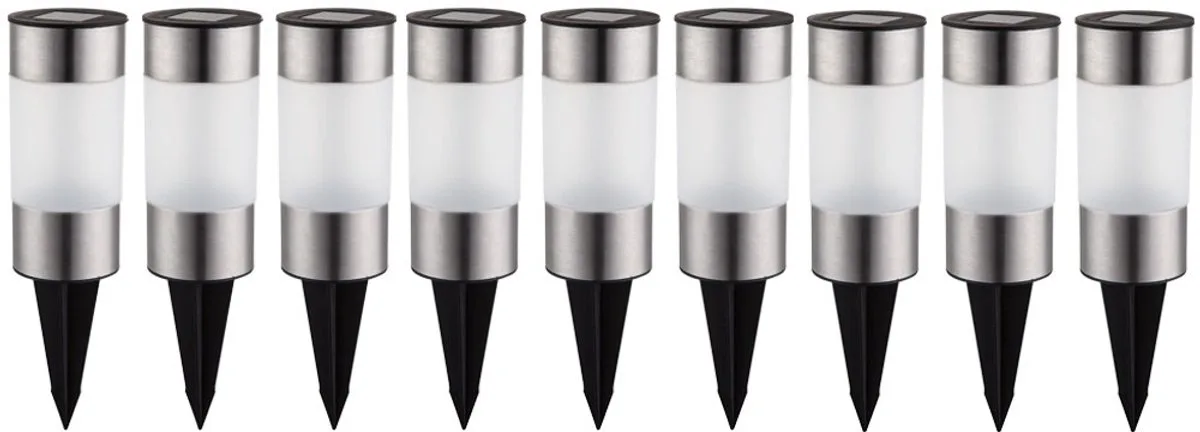 Zonne-licht set roestvrij staal plug-in lampen buiten pad verlichting zonne-lamp tuinverlichting, LED warm wit, DxH 6,3x23,5 cm, set van 9 de Globo en Argent – photo produit