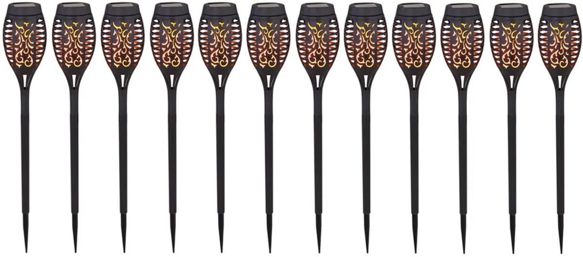 Zonnevlamfakkels Tuinverlichting Zonneverlichting voor buiten Fakkel voor buiten, vuureffect, 12x LED, DxH 7,5x51 cm, set van 12 de Globo en Noir – photo produit
