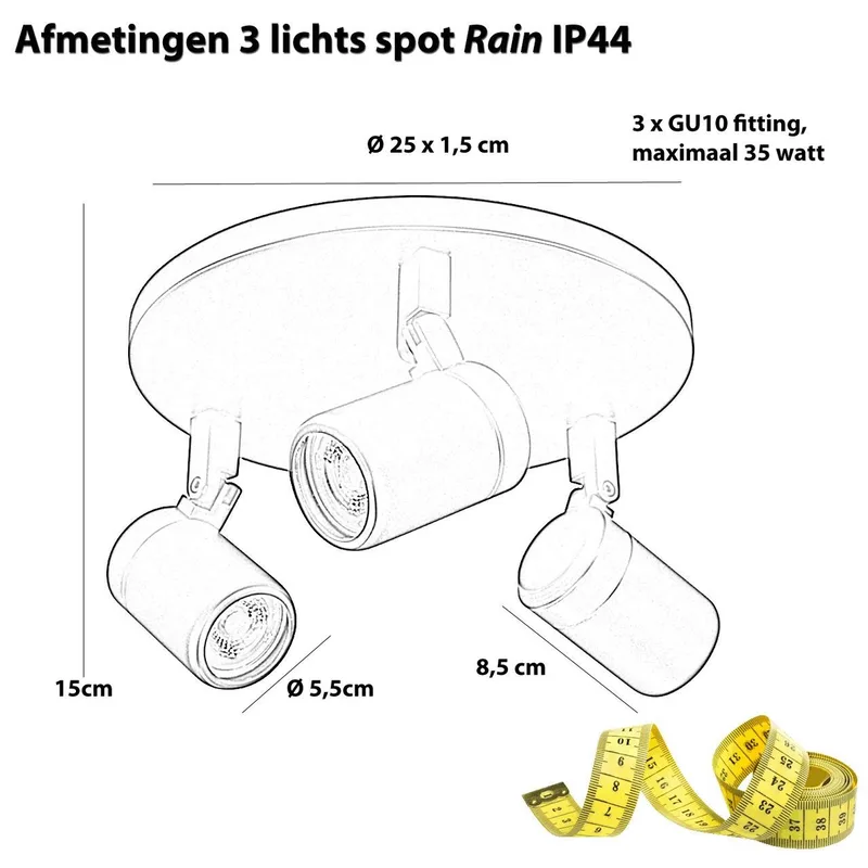 Badkamerspot | 25 cm | Rain spots IP44 | 3 lichts | GU10 | chroom | glas en metaal | moderne de Highlight – photo produit 3 sur 3