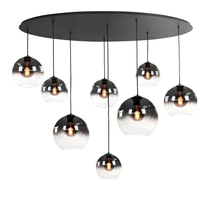 Grote zwarte ovale 8-lichts glazen hanglamp - glas helder/smoke de Highlight – photo produit 1 sur 3