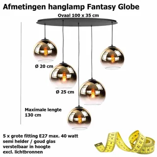 Hanglamp | 100 x 35 cm | fantasy globe goud - helder | 5 lichts | E27 | goud zwart | glas metaal fra Highlight – produktbillede 3 af 3
