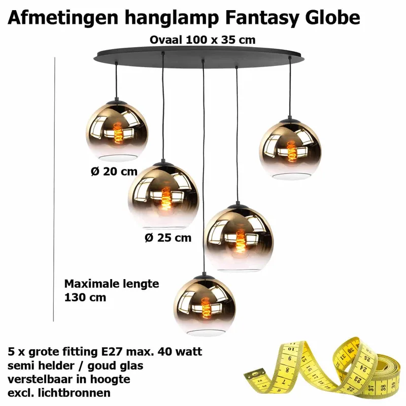 Hanglamp | 100 x 35 cm | fantasy globe goud - helder | 5 lichts | E27 | goud zwart | glas metaal fra Highlight – produktbillede 3 af 3