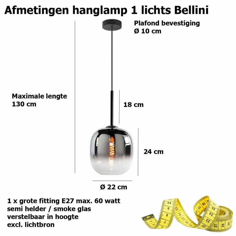Hanglamp | 23 cm | Bellini | E27 | smoke zwart | glas metaal | moderne decoratieve verlichting de Highlight – photo produit 3 sur 3