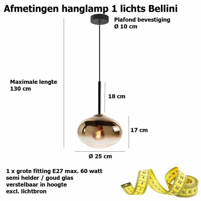Hanglamp | 26 cm | bellini | E27 | amber goud zwart | glas metaal | moderne decoratieve de Highlight – photo produit 3 sur 3