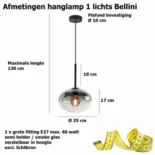 Hanglamp | 26 cm | Bellini | E27 | smoke zwart | glas metaal | moderne sfeerverlichting de Highlight – photo produit 3 sur 3