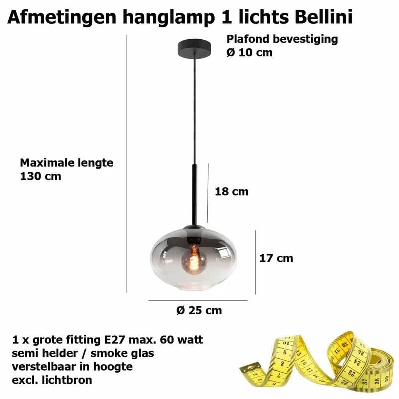 Hanglamp | 26 cm | Bellini | E27 | smoke zwart | glas metaal | moderne sfeerverlichting de Highlight – photo produit 3 sur 3