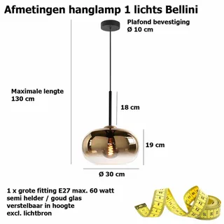 Hanglamp | 31 cm | Bellini | E27 | amber goud zwart glas metaal | moderne decoratieve sfeer de Highlight – photo produit 3 sur 3