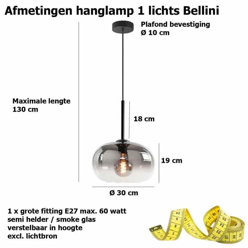 Hanglamp | 31 cm | bellini | E27 | smoke zwart | glas metaal | moderne sfeerverlichting von Highlight – Produktfoto 3 von 3