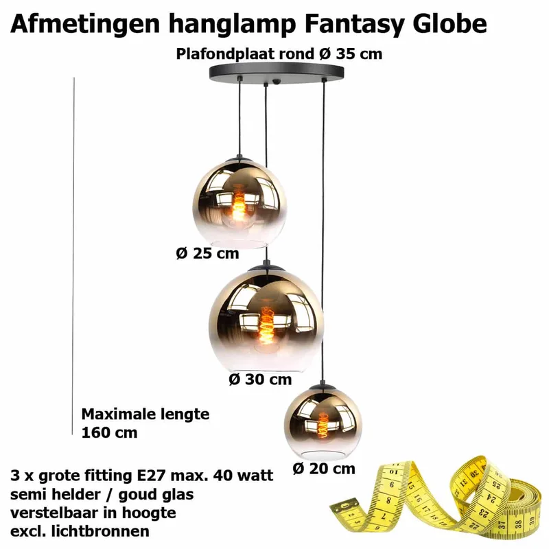 Hanglamp | 35 cm | fantasy globe goud - helder | 3 lichts | E27 | amber zwart | glas metaal de Highlight – photo produit 3 sur 3