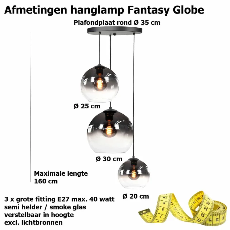 Hanglamp | 35 cm | Fantasy globe titaan - helder | 3 lichts | E27 | smoke zwart | glas metaal fra Highlight – produktbillede 3 af 3