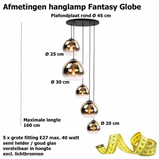 Hanglamp | 45 cm | fantasy globe goud - helder | 5 lichts | E27 | amber zwart | glas metaal de Highlight – photo produit 3 sur 3