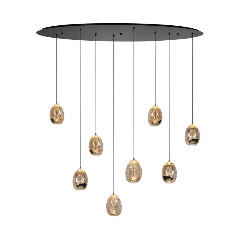 Hanglamp Golden Egg, amber/goud, lengte 100 cm, 8-lamps glas fra Highlight i Amber-transparant, Sort, Guld – produktbillede